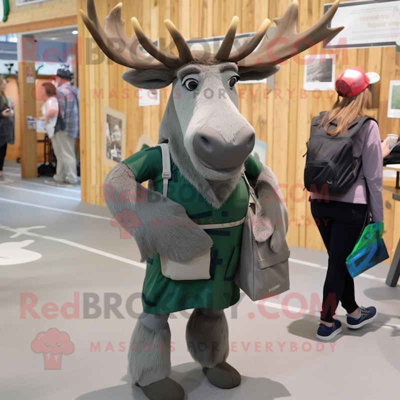 Gray Irish Elk mascot costume character dressed with a Pleated Skirt and Backpacks