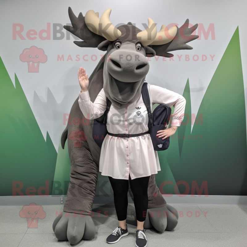 Gray Irish Elk mascot costume character dressed with a Pleated Skirt and Backpacks