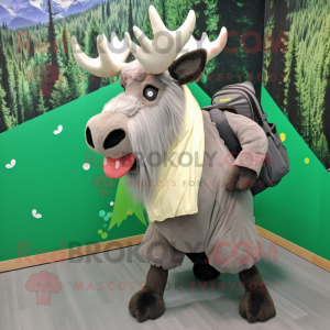 Gray Irish Elk mascot costume character dressed with a Pleated Skirt and Backpacks