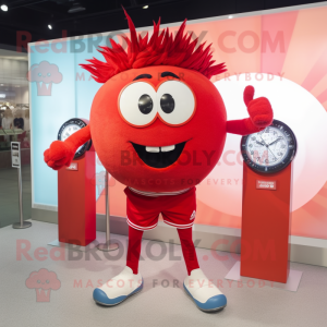 Red Wrist Watch mascot costume character dressed with a Running Shorts and Hairpins