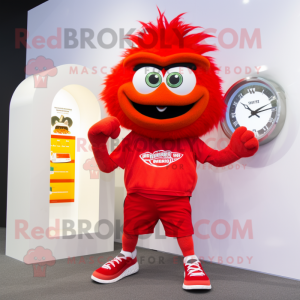 Red Wrist Watch mascot costume character dressed with a Running Shorts and Hairpins