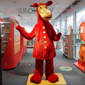 Red Giraffe mascot costume character dressed with a Coat and Foot pads