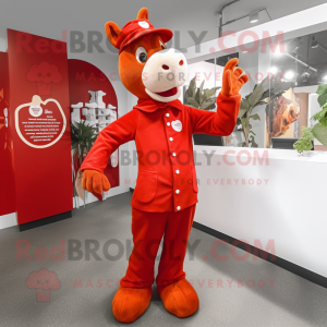 Red Giraffe mascot costume character dressed with a Coat and Foot pads