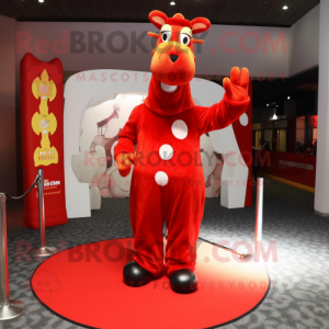 Red Giraffe mascot costume character dressed with a Coat and Foot pads