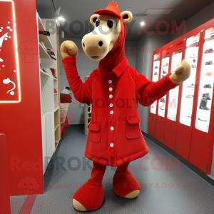 Red Giraffe mascot costume character dressed with a Coat and Foot pads
