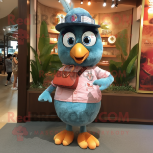 Peach Peacock mascot costume character dressed with a Denim Shirt and Clutch bags
