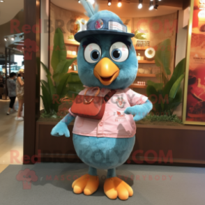 Peach Peacock mascot costume character dressed with a Denim Shirt and Clutch bags