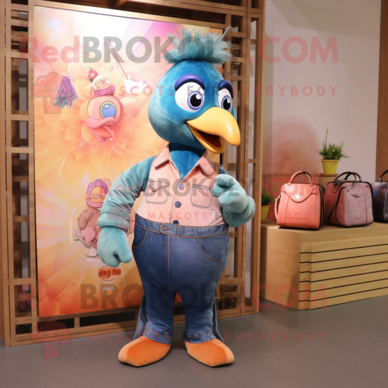 Peach Peacock mascot costume character dressed with a Denim Shirt and Clutch bags