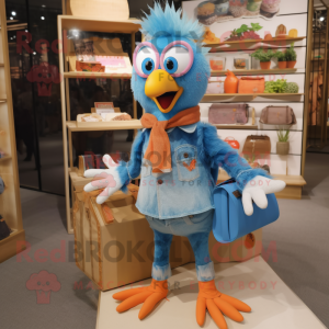 Peach Peacock mascot costume character dressed with a Denim Shirt and Clutch bags