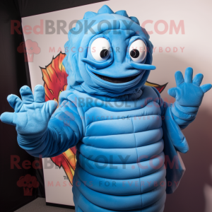 Sky Blue Trilobite mascot costume character dressed with a Turtleneck and Gloves