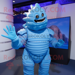 Sky Blue Trilobite mascot costume character dressed with a Turtleneck and Gloves