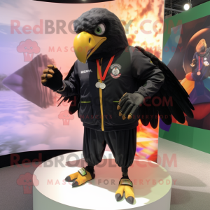 Black Hawk mascot costume character dressed with a Windbreaker and Coin purses