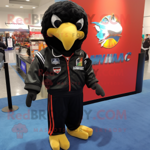 Black Hawk mascot costume character dressed with a Windbreaker and Coin purses