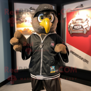 Black Hawk mascot costume character dressed with a Windbreaker and Coin purses