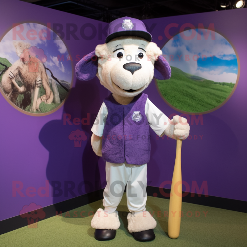 Lavender Suffolk Sheep mascot costume character dressed with a Baseball Tee and Beanies Lavender Suffolk Sheep mascot costume character dressed with a Baseball Tee and Beanies