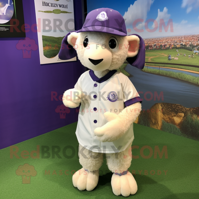 Lavender Suffolk Sheep mascot costume character dressed with a Baseball Tee and Beanies Lavender Suffolk Sheep mascot costume character dressed with a Baseball Tee and Beanies