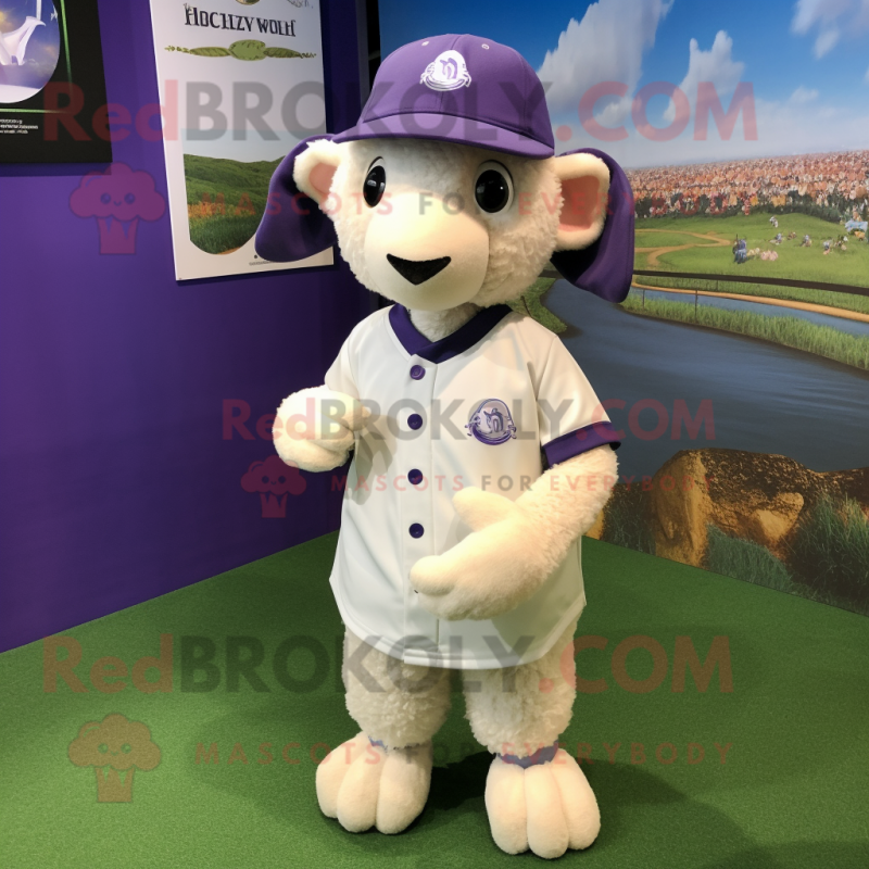 Lavender Suffolk Sheep mascot costume character dressed with a Baseball Tee and Beanies