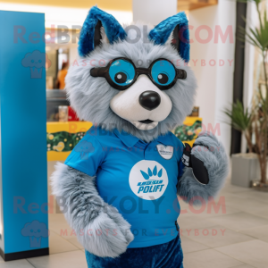 Blue Say Wolf mascot costume character dressed with a Vest and Sunglasses