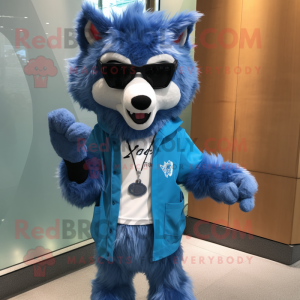 Blue Say Wolf mascot costume character dressed with a Vest and Sunglasses