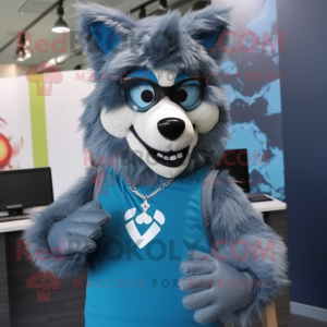 Blue Say Wolf mascot costume character dressed with a Vest and Sunglasses