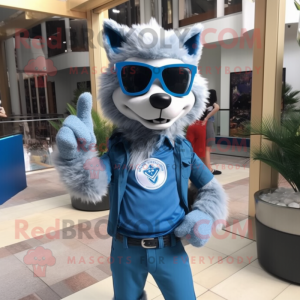 Blue Say Wolf mascot costume character dressed with a Vest and Sunglasses