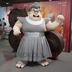 Gray Strongman mascot costume character dressed with a Pleated Skirt and Anklets