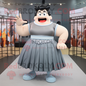 Gray Strongman mascot costume character dressed with a Pleated Skirt and Anklets