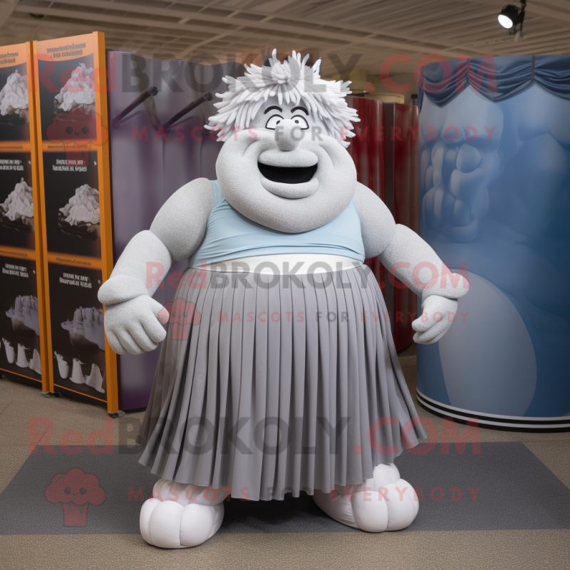 Gray Strongman mascot costume character dressed with a Pleated Skirt and Anklets