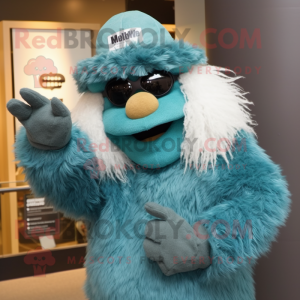 Teal Yeti mascot costume character dressed with a Leather Jacket and Hat pins