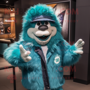 Teal Yeti mascot costume character dressed with a Leather Jacket and Hat pins