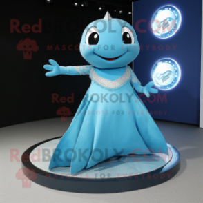 Cyan Stingray mascot costume character dressed with a Skirt and Rings