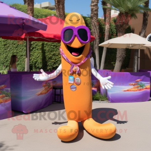 Lavender Hot Dogs mascot costume character dressed with a Bikini and Sunglasses