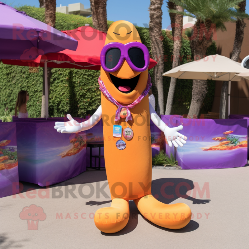 Lavender Hot Dogs mascot costume character dressed with a Bikini and Sunglasses Lavender Hot Dogs mascot costume character dressed with a Bikini and Sunglasses