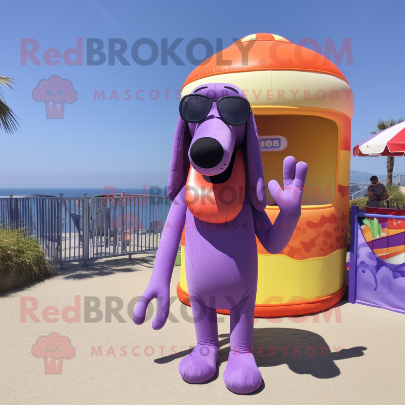 Lavender Hot Dogs mascot costume character dressed with a Bikini and Sunglasses Lavender Hot Dogs mascot costume character dressed with a Bikini and Sunglasses