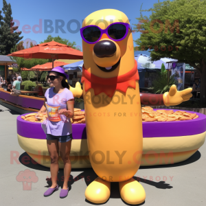 Lavender Hot Dogs mascot costume character dressed with a Bikini and Sunglasses