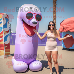 Lavender Hot Dogs mascot costume character dressed with a Bikini and Sunglasses