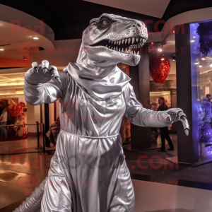 Silver T Rex mascot costume character dressed with a Evening Gown and Headbands