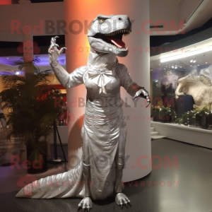 Silver T Rex mascot costume character dressed with a Evening Gown and Headbands