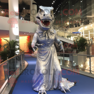 Silver T Rex mascot costume character dressed with a Evening Gown and Headbands