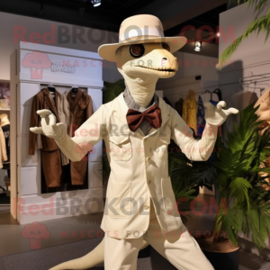 Cream Deinonychus mascot costume character dressed with a Playsuit and Hats