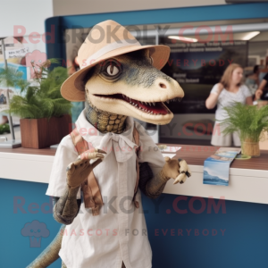 Cream Deinonychus mascot costume character dressed with a Playsuit and Hats