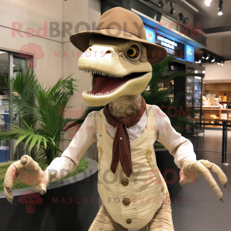 Cream Deinonychus mascot costume character dressed with a Playsuit and Hats