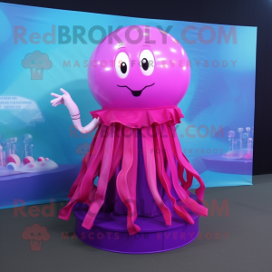 Magenta Jellyfish mascot costume character dressed with a A-Line Skirt and Bracelet watches