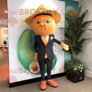 Peach Pho mascot costume character dressed with a Suit Jacket and Handbags