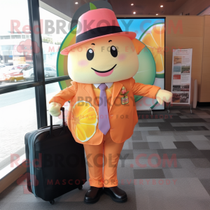 Peach Pho mascot costume character dressed with a Suit Jacket and Handbags