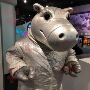 Silver Hippopotamus mascot costume character dressed with a Turtleneck and Brooches