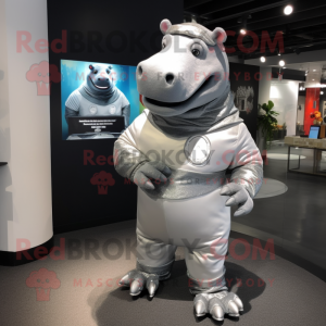 Silver Hippopotamus mascot costume character dressed with a Turtleneck and Brooches
