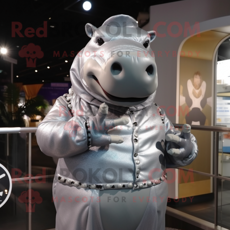 Silver Hippopotamus mascot costume character dressed with a Turtleneck and Brooches