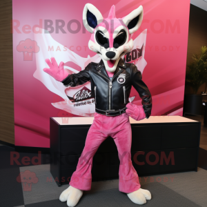 Pink Gazelle mascot costume character dressed with a Moto Jacket and Rings