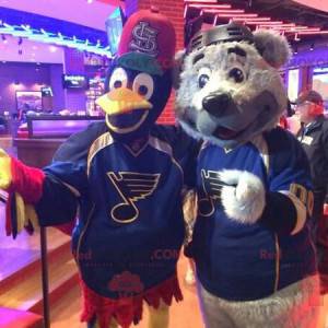 2 mascots: a gray bear and a black red and yellow bird -
